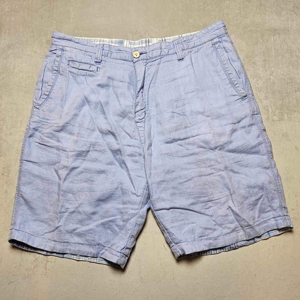 Tommy Bahama Relax Mens 36 Light Blue & Plaid Reversible Linen Flat Front Shorts